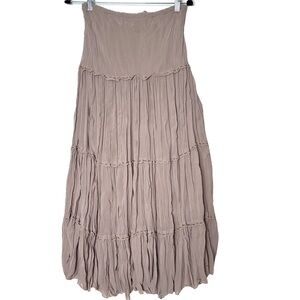 Boho Cottagecore Taupe Tiered Maxi Skirt Beaded Crinkle Fairycore Goblincore Y2K